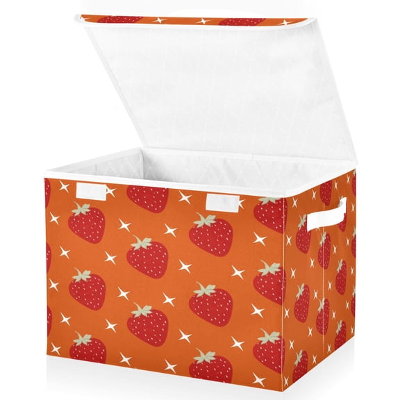 Large Fliplid Foldable Storage Bin Boxes Cubes Baskets with 2 Handles for Clothes Books 16.5x12.6x11.8 Inch Strawberry and White Stars Pattern