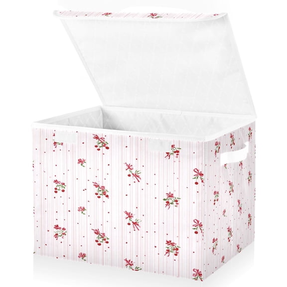 Large Fliplid Foldable Storage Bin Boxes Cubes Baskets with 2 Handles for Clothes Books 16.5x12.6x11.8 Inch Stripes with Cherry Pattern