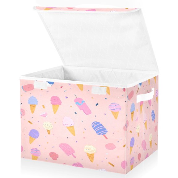 Large Fliplid Foldable Storage Bin Boxes Cubes Baskets with 2 Handles for Clothes Books 16.5x12.6x11.8 Inch Summer Ice Cream Pattern