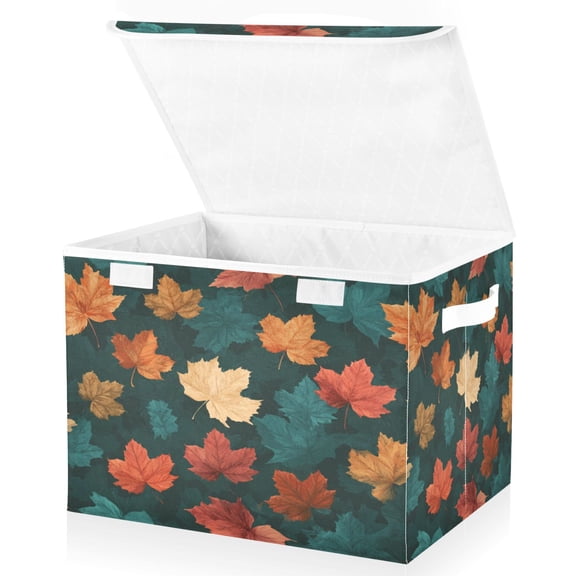 Large Fliplid Foldable Storage Bin Boxes Cubes Baskets with 2 Handles for Clothes Books 16.5x12.6x11.8 Inch Teal and Red Maple Leaves