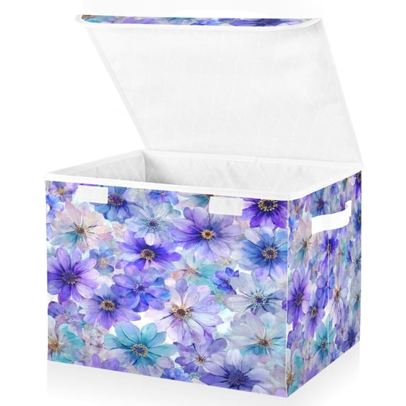 Large Fliplid Foldable Storage Bin Boxes Cubes Baskets with 2 Handles for Clothes Books 16.5x12.6x11.8 Inch Watercolor Blue-purple Flowers