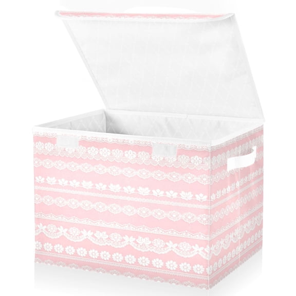 Large Fliplid Foldable Storage Bin Boxes Cubes Baskets with 2 Handles for Clothes Books 16.5x12.6x11.8 Inch White Lace Pattern