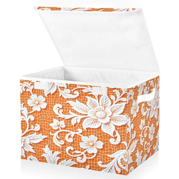 Large Fliplid Foldable Storage Bin Boxes Cubes Baskets with 2 Handles for Clothes Books 16.5x12.6x11.8 Inch White Lace with Openwork Weave