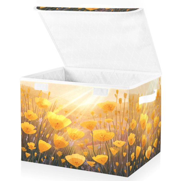 Large Fliplid Foldable Storage Bin Boxes Cubes Baskets with 2 Handles for Clothes Books 16.5x12.6x11.8 Inch Yellow Flower Field