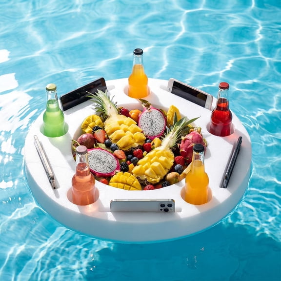 Large Floating Drink Holder, White Floating Refreshment Table Tray Compartment, Portable Pool Tray for Swimming Pool Accessories Hot Tub Beach and Party Decor (Round Five Hole)