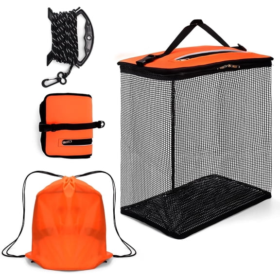 Large Floating Fishing Basket for Live Caught Fish, Foldable Floating Fish Net Cage, Collapsible Nylon Mesh Fishing Bag Bait Pen, Portable,10 Gallons, Easy to Clean