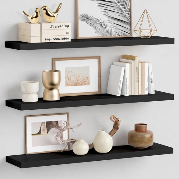 Large Floating Shelves for Wall 36 Inches Long 8 Inch Deep, Black Wall Shelves for Kitchen Bedroom, Heavy Duty Wooden Floating Shelf for Living Room Office Closet (Black, Set of 3)