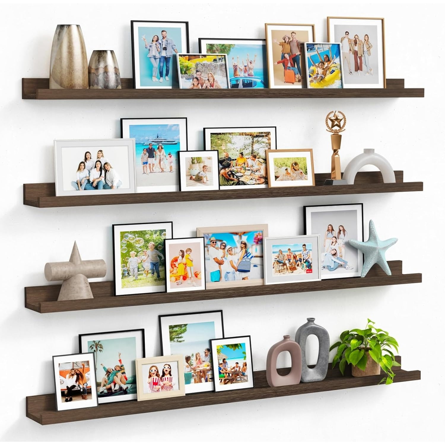 Wood Picture Ledge Shelf for Wall 4-Pack, 48 Inch Long Rustic Floating Shelves with Lip for Classroom Library, Farmhouse Wooden Wall Ledge for Photo Frames Books (Dark Brown)