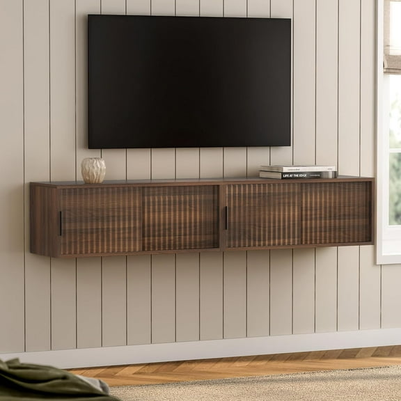 Large Floating TV Stands Set of 2, Modern Fluted Nightstands Wall Mounted Bedside Table Storage Cabinet with Sliding Doors for Living Room, Bedroom, Brown