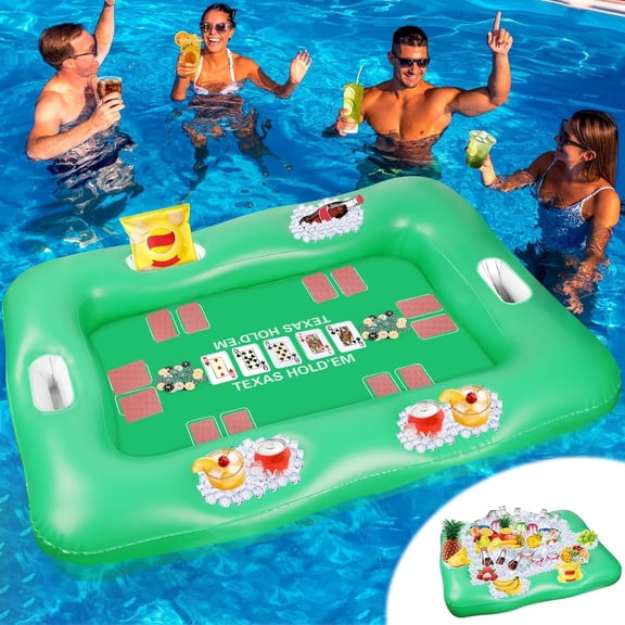 Large Floating Table for Pool with Playing Cards, 53.5 x 38 in Floating Card Table for Pool with Drink Holders, Inflatable Floating Pool Table for Adults Family Party