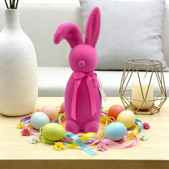 Large Flocked Easter Bunny Figurine, Purple Hot Yellow Foam Rabbit for Yard Decor, Oversized Bunny Ornament for Outdoor Display