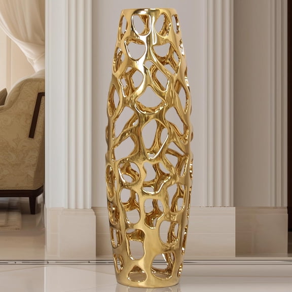 Large Floor Ceramic Vase With Goldtone Honeycomb Design Standard 24 Inch