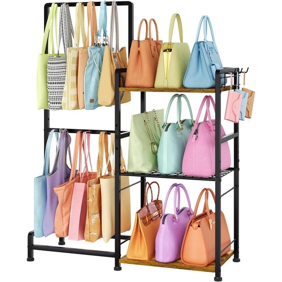 Large Floor-Standing Purse Organizer with 14 Practical Purse Hanger,3-Tier Purse Rack Stand with 3 Side Hooks for Purse Storage,High-Capacity Reinforced Handbag Organizer for Bedroom & Entryway