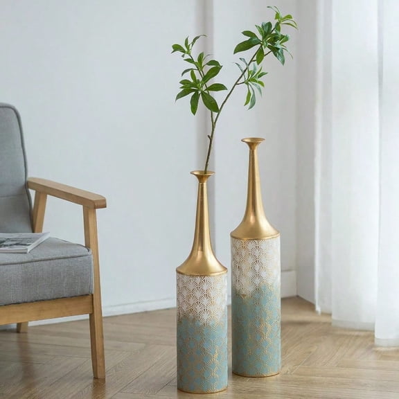 Large Floor Vases Decorative Tall- 23.4/26in Set of 2 Coastal Big Vase for Home Decor Living Room Rustic Flowers Vases Metal Plant Farmhouse Vases for Pampas Grass Feathers Twigs Branches