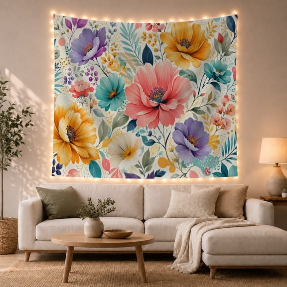 Large Floral Arrangement on Off-White Background Energetic Watercolor for Boho Decor Lovers Botanical Wall Art Decor Housewarming Gift Tapestry Wall Hanging for Bedroom and Living Room
