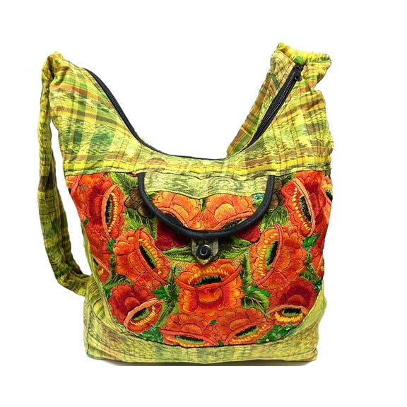 Large Floral Embroidered Lightweight Plaid Material Hobo Purse Crossbody Sling Bag - Womens Fashion Handmade Boho Accessories