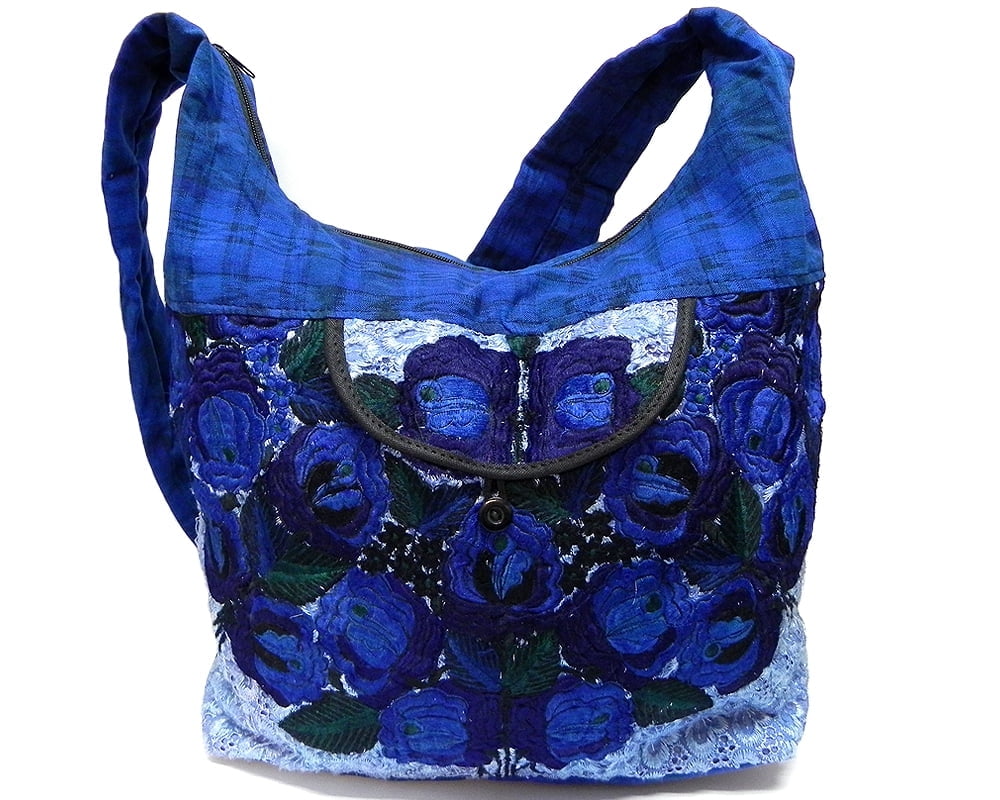 Handmade Boho Hobo Purse – Large Floral Embroidered Crossbody Bag, Plaid Material, 14x16.5 Inch