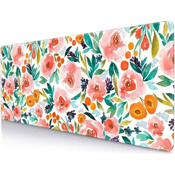 Large Floral Gaming Mouse Pad Mat with Stitched Edges, Extended Mousepad, Non-Slip Rubber Base Keyboard Pad, Desk Pad for Gamer, Office, (31.5” x 11.8”) - Watercolor Rose Flowers