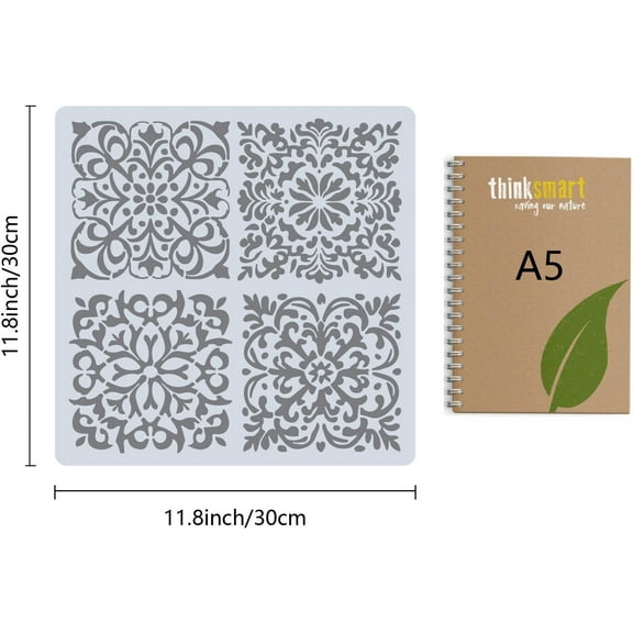 Large Floral Tile Stencil 12 x 12 Inch Reusable Hollow Out Symmetry Flower Decoration Paint Drawing Template Stencils for Painting Wood Wall Fabric Canvas Furniture DIY Art Craft