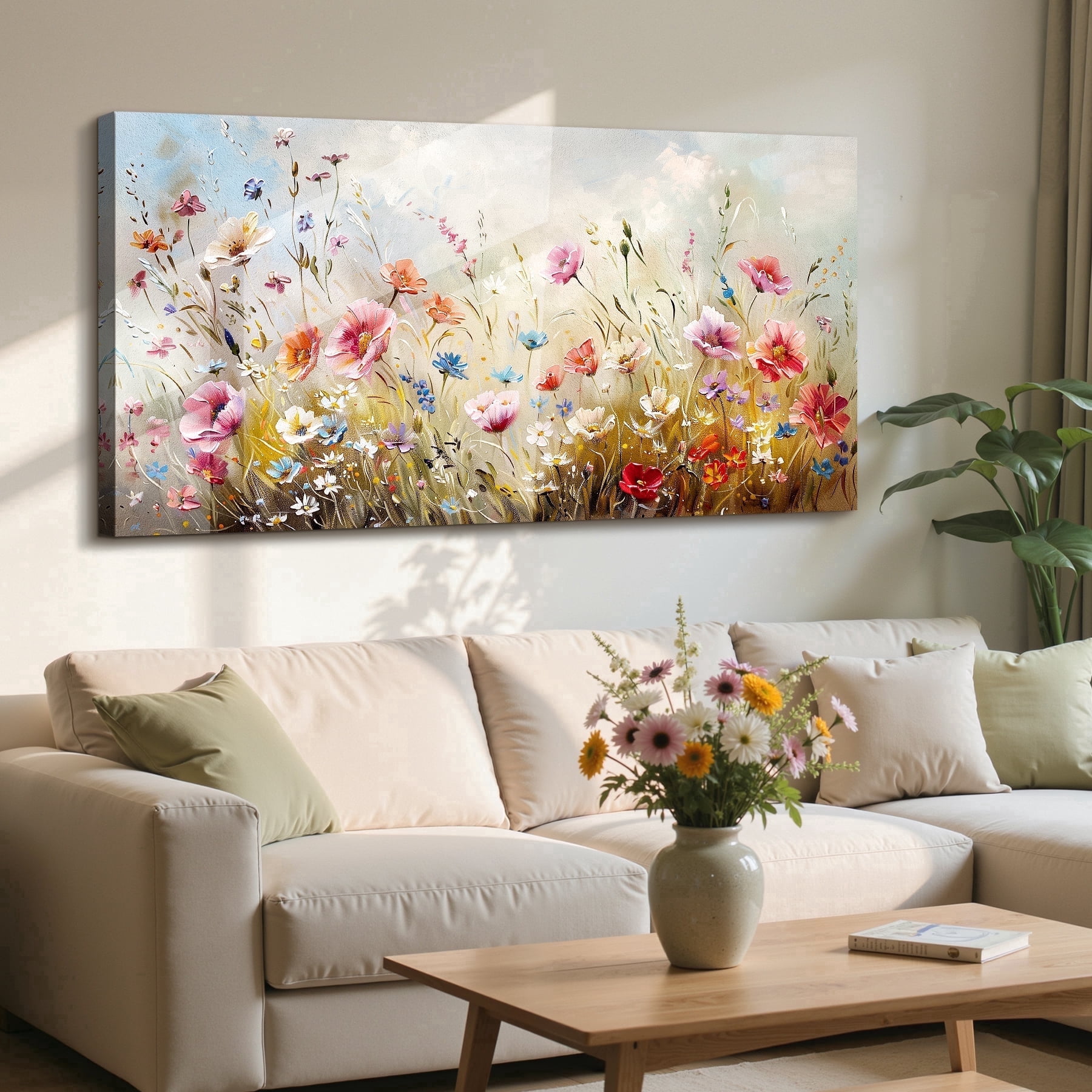 Large Floral Wall Art Print Warm Wildflowers Canvas Painting Nature ...