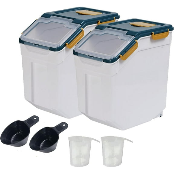 Large Flour Storage Container Bin 25lb, 2Pack Airtight Rice Storage Containers with Wheels Seal Locking Lid, BPA Free with Measuring Cup&Scoop for Flour, Rice, Grain(Blue)