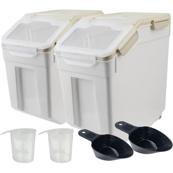 Large Flour Storage Container Bin 50lb, 2Pack Airtight Rice Storage Containers with Wheels Seal Locking Lid, , Sugar, Baking Supplies, Rice Dispenser Set with Measuring Cup & Scoop - Grey