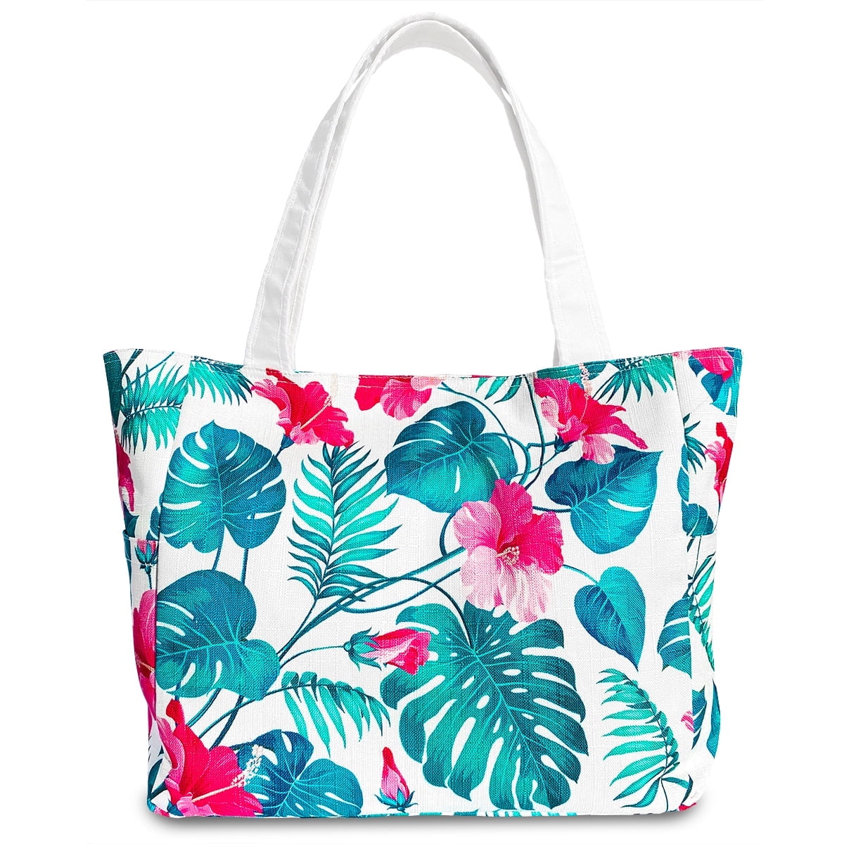 Large Tropical Floral Canvas Beach Tote Bag