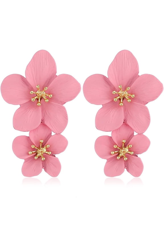 Large Flower Drop Dangle Earrings for Women,Bohemian Chic Double Floral Layered Petal Statement Metal Long Personalized Fashion Earring for Women(Pink-A)