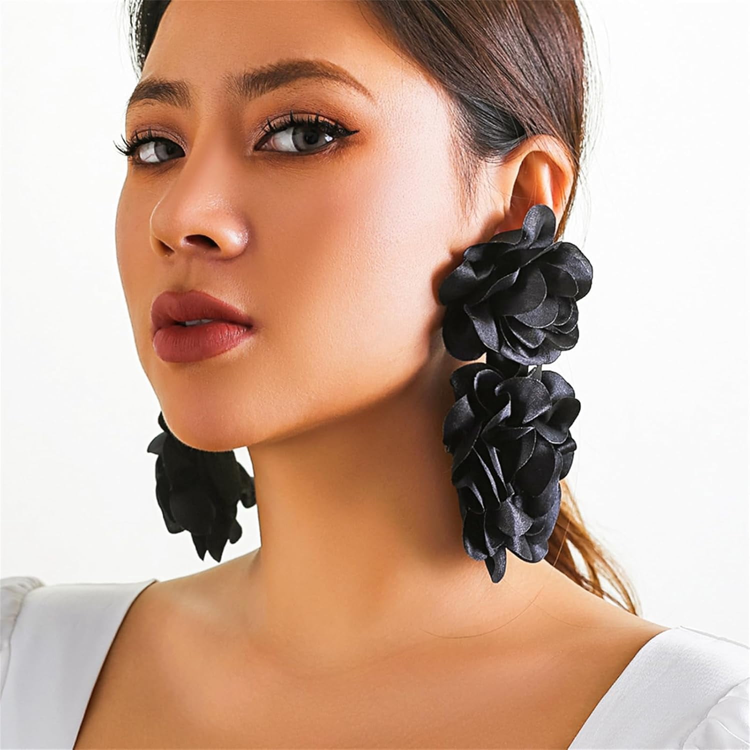 Large Fabric Flower Earrings – 10cm Chiffon Statement Earrings For Women, Prom, Wedding, Party Jewelry Gift In Black Or Red 4 thumbnail image
