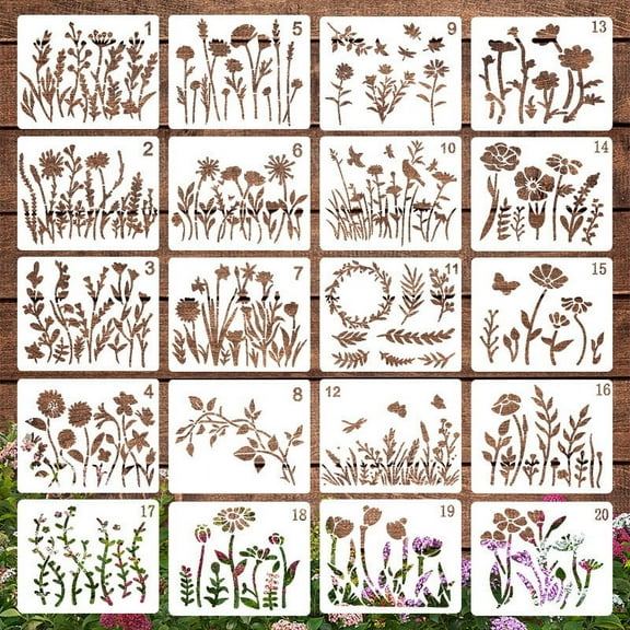 Large Flower Stencils for Painting on Wood Walls - Reusable Floral Stencil Set for DIY Home Decor Garden Fence Hedge Patterns - 20 Pack Painting Templates for Crafting Scrapbooking Canvas Art