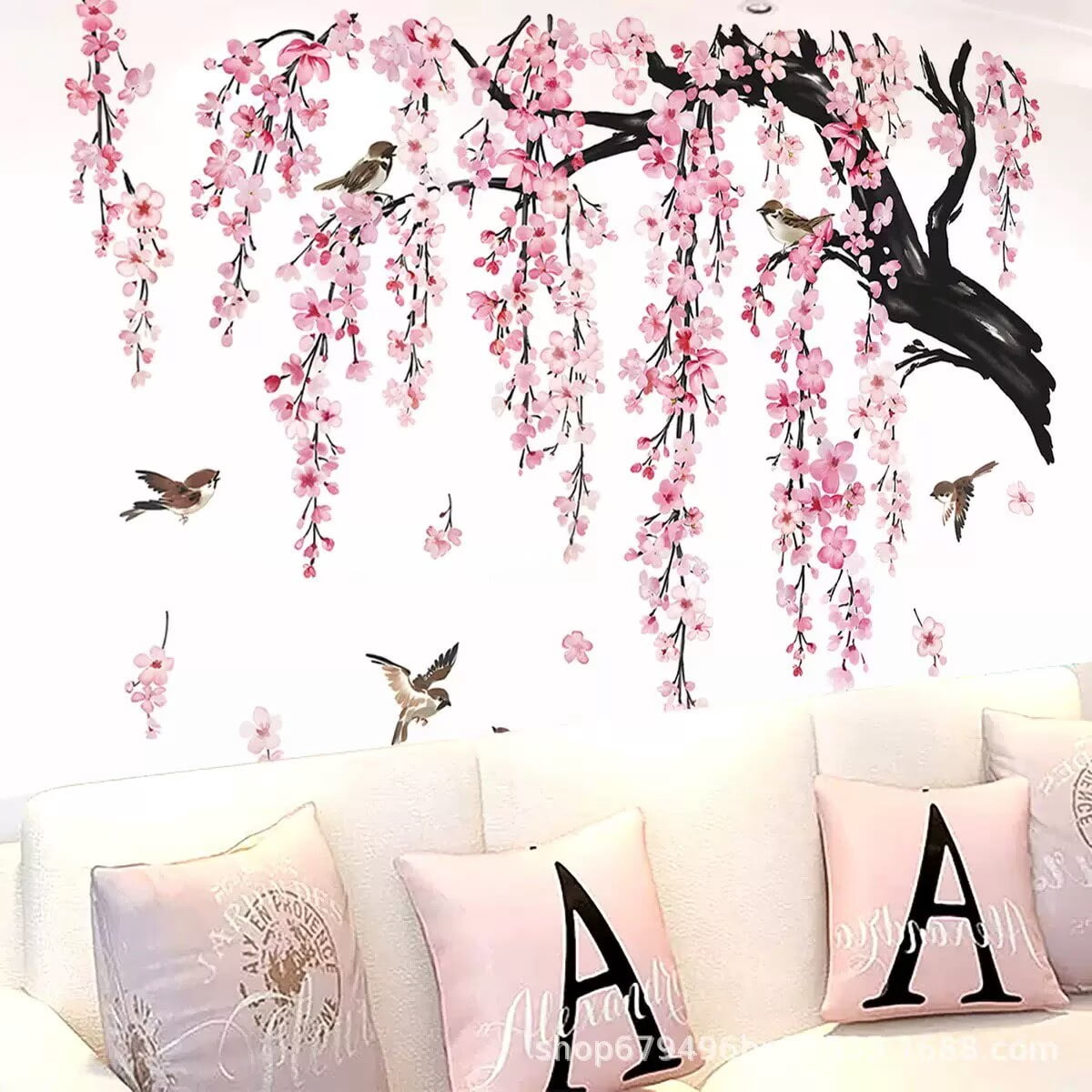 Large Flower Tree Branch Wall Stickers Flower Wall Stickers plant wall decal Pink Cherry Blossom Floral Birds Wall Art Decals Peel and Stick Removable Wall Stickers for Living Room Bedroom TV Wall