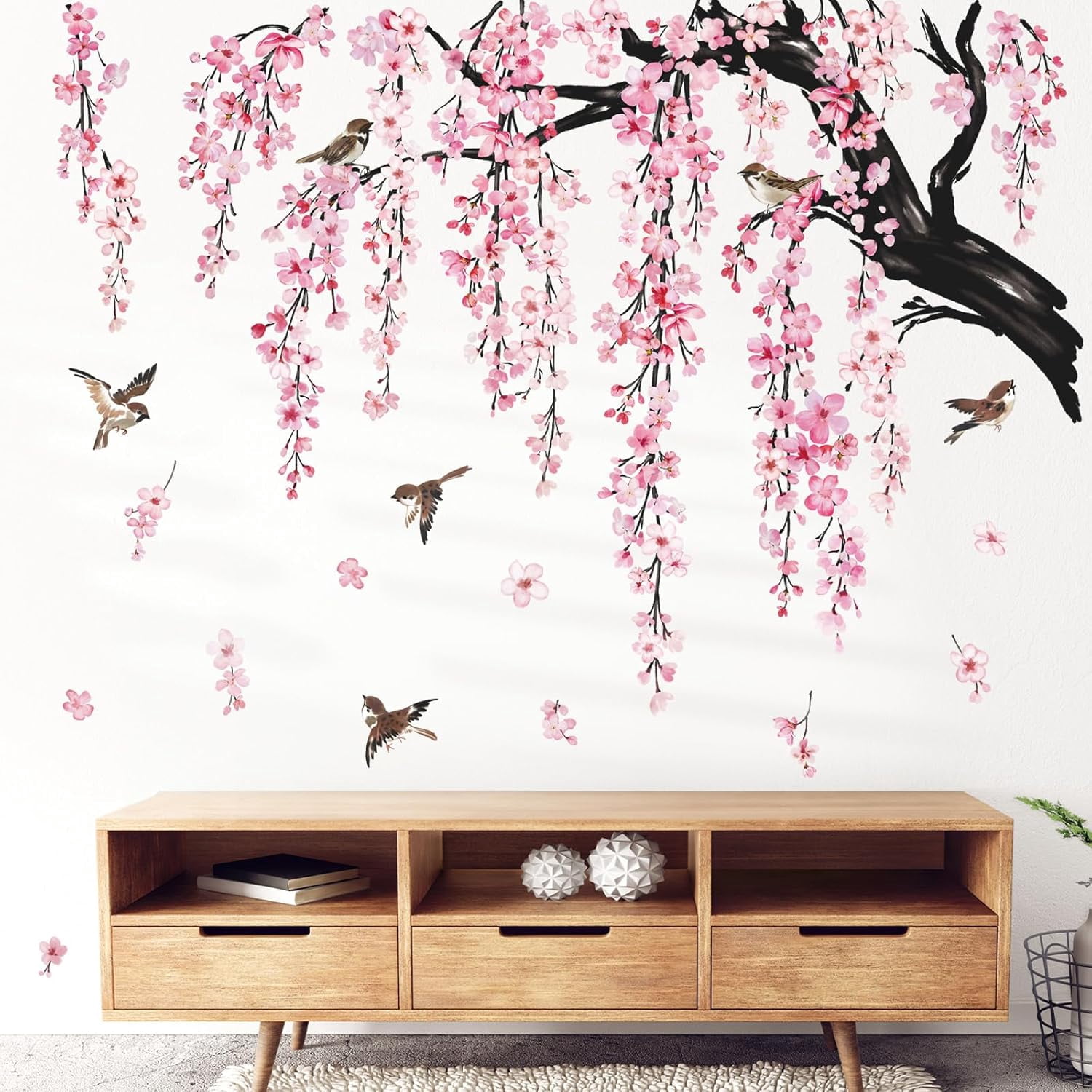 Large Flower Tree Branch Wall Stickers Pink Cherry Blossom Floral Birds Wall Art Decals Peel and Stick Wall Art Decals for Living Room Bedroom TV Wall (150cm*143cm)