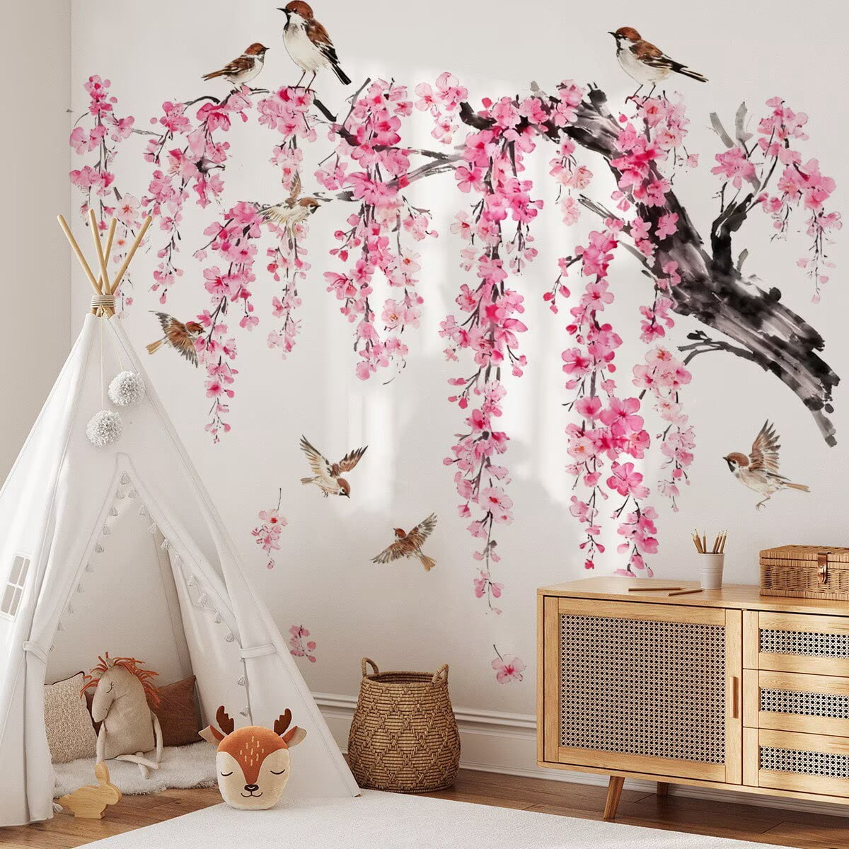 Large Flower Tree Branch Wall Stickers Trees and birds are pasted on ...