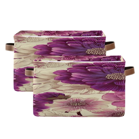 Large Flowers in Dark Purple Square Storage Bins with Handles Collapsible Containing Box 2 Packs