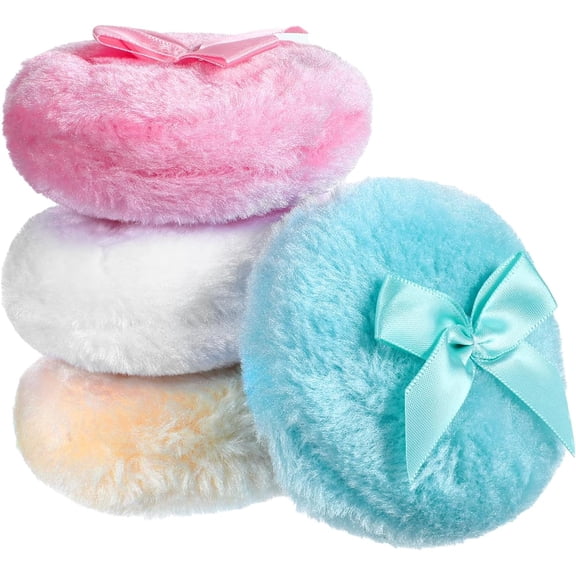 Large Fluffy Body Powder Puff, 4Pcs 3.5 Inch Soft Body Powder Washable Reusable Round Loose Puff for Adult 4 Color