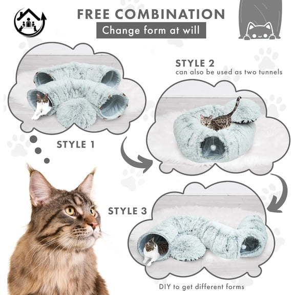Large Fluffy  Tunnel Bed with Dangling Balls, Collapsible and Washable for Cats, Kittens and Rabbits - Gray