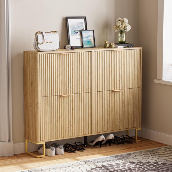 Large Fluted Shoe Storage Cabinet with Metal Legs, Narrow 4-Tier MDF Creedenza