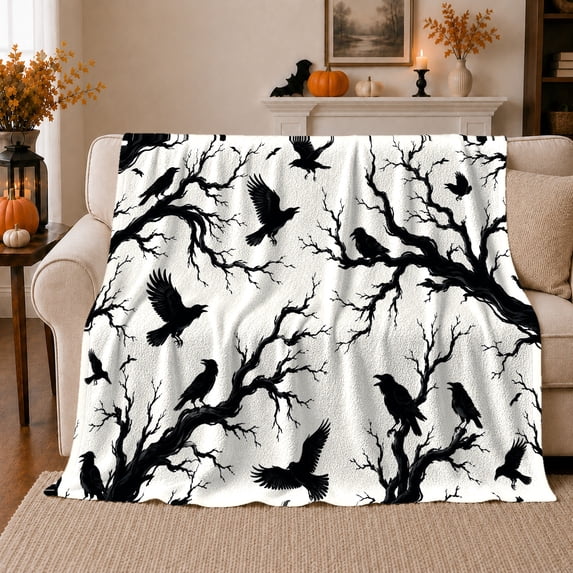 Large Flying Ravens Between Thick Twisted Branches, Soft Flannel Blanket with Bold ornate dark Silhouettes Print, Housewarming Gift and Home Decor for Bedroom and Living Room