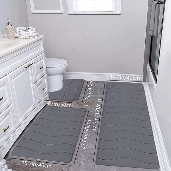Large Foam Bath Mat 3 Pack Bathroom Rugs Non Slip Water Absorbent Soft Washable Comfort Toilet Mat Set for Home Spa and Shower Dark Gray