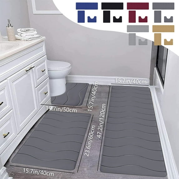 Large Foam Bath Mat Set 3 Piece Non Slip Bathroom Rugs with Memory Foam, Soft Water Absorbent Washable Toilet Mats for Shower and Tub