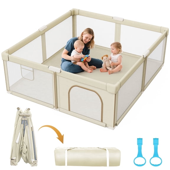 Large Foldable Baby Playpen, Quick Setup Play Yard, Collapsible Safety Play Pen for Indoor & Outdoor, 65"x50", Beige
