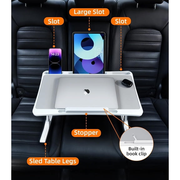Large Foldable Car Seat Tray Table with Height Adjustable Legs & Phone Slots for Kids Adults - Universal Lap Desk for Laptop Tablet Dining Travel Essentials