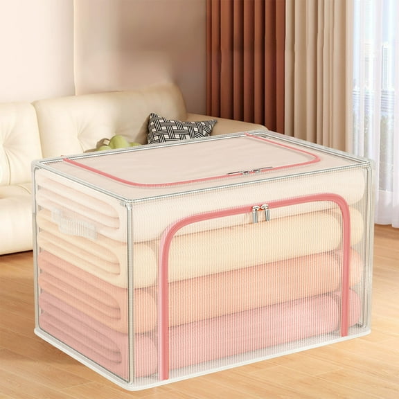 Large Foldable Clothing Storage Box with Metal Frame and Clear Window – Stackable Linen Organizer with Handles for Clothes, Blankets, Closet – Beige, 19.7x15.7x15.7 in