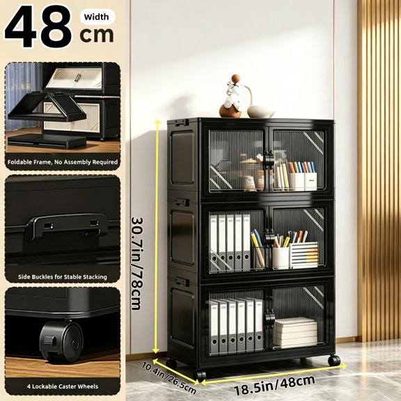 Large Foldable Double Door Storage Cabinet, Magnetic Door Rolling Stackable Organizer Black for Kitchen Bathroom Office
