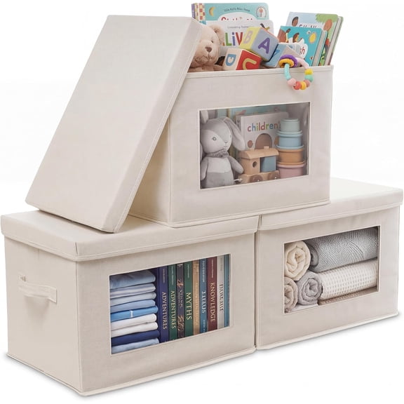 Large Foldable Fabric Storage Bins with Lids and Clear Front Windows Stackable Cube Baskets with Soft Handles 17 Inch Beige 3 Pack