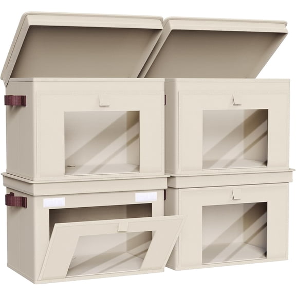 Large Foldable Fabric Storage Cubes with Lids and Front Window, 16.5 Inch, 4 Pack, Light Beige
