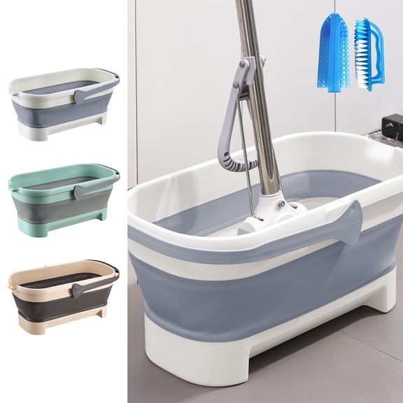 Large Foldable Mop Bucket 4.2 Gallon 17L TPR Plastic Collapsible Water Pail with Handle & Spout | Space-Saving Durable Basin for Cleaning, Camping, Outdoor Use | 18.3x8.3x7.7in Includes Brush