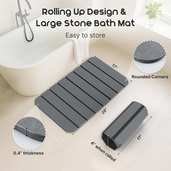 Large Foldable Stone Bath Mat 28''17'' Grey - 20% Off Non-Slip Rubber Base - Super Absorbent Quick Dry, Ideal for Bathroom & Homeowners