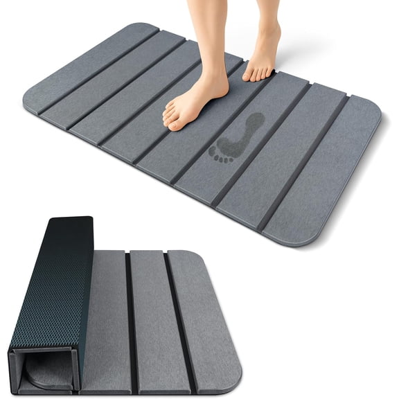 Large Foldable Stone Bath Mat 28"17" with Non-Slip Rubber Base, Super Absorbent Quick-Drying Diatomaceous Earth Mat in Dark Gray