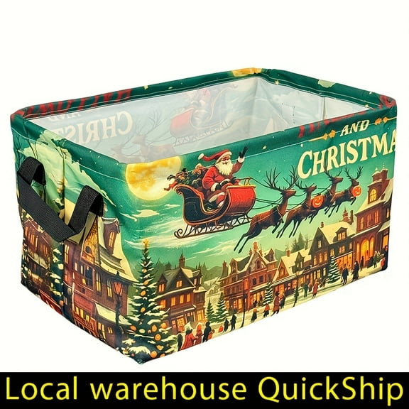 Large Foldable Storage Basket With Santa Sleigh & Reindeer Christmas Design -Oxford Fabric Collapsible Organizer Bin,Open-Top Rectangular Basket With Handles For Toys,Christmas Basket,Laundry Baskets